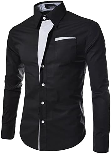 חולצת שמלה רזה של גברים כותנה ניגודיות כותנה כפתור כפתור למטה חולצות שרוול ארוך מזדמן חולצה עם כיס