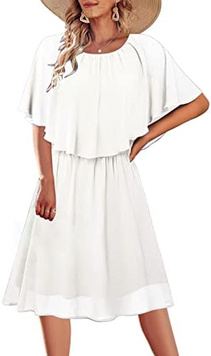 שמלות ADSSDQ לנשים 2023 שמלת קיץ מזדמנים שמלת צוואר עגול צבע אחיד קצה לוטוס שכבת שמלת שרוול קצר