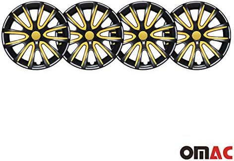 OMAC HubCaps 16 אינץ 'עבור קיה פורטה מבריק שחור וצהוב 4 יח'. כיסוי חישוקי גלגלים - כובעי רכזת - החלפת חוץ של צמיג מכוניות