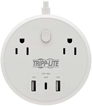 Tripp Lite Safe-IT 57W מגן מתח, 2 חנויות ו -2 USB + 1 יציאת USB-C לטעינה מהירה, 300 ג'ול, כבל 8 רגל 5-15p, אחריות