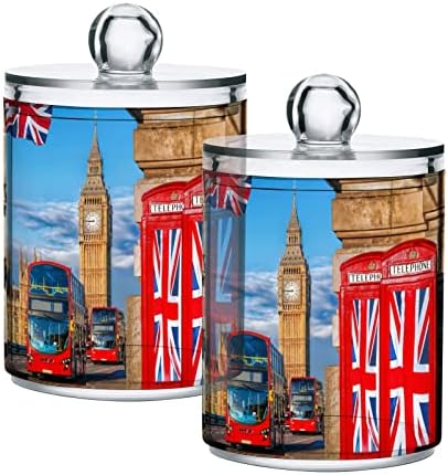 דגלים בריטים דוכני טלפון Big Ben London 2 חבילה כותנה מחזיק כדורי כותנה מארגן מארגן מיכל כדור כותנה מפלסטיק עם מכסים אחסון