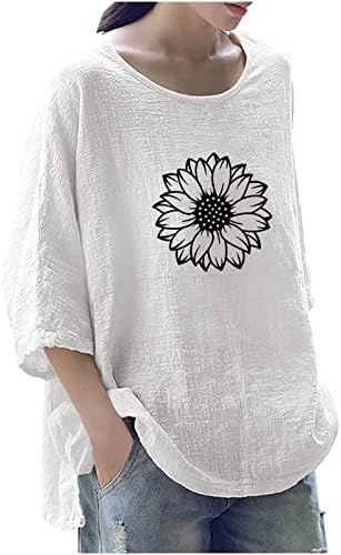 צווארון עגול מודפס לנשים רופף 3/4 שרוול חולצת טריקו צמרות טוניקות בסיסיות טי אופנה צמרות בסיסיות
