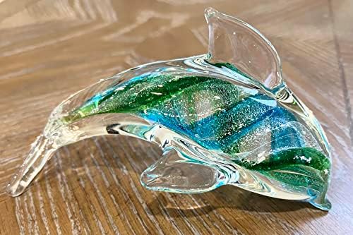 פליז עליון 7 אינץ 'דופין זכוכית/פסלון זכוכית זכוכית - פסל כחול וירוק מעורפל - אמנות קופיות חוף ימי אוקיינוס