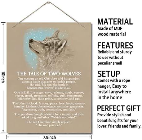 סיפורם של שני זאבים שלט ציטוט מעורר השראה, שלטי עץ של לוח קיר מודפס, שלטי עץ לסלון, עיצוב משרדים ביתי, מתנה נהדרת למוטיבציה