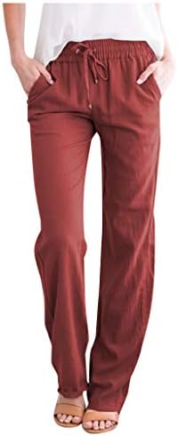 מכנסי פשתן כותנה קיץ מזדמנים לנשים מכנסי רגל רחבים עם כיסים צבעים טהורים צבע ישר מכנסי חוף מכנסי חוף