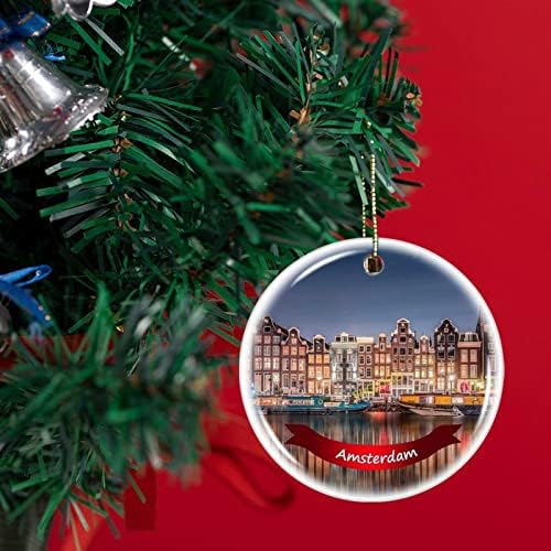עץ אמסטרדם תלוי קישוט לחג המולד פורצלן חרסינה קישוט קרמיקה דו צדדי, 3 אינץ '