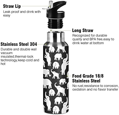 פילים מצוירים גולפיים שחורים 32 גרם בקבוק מים, בקבוק מים עם מכסה קש מבודד נירוסטה, לספורט, הליכה, ריצה