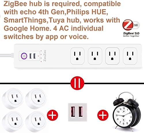 Zauzau Zigbee Smart Surge Protector Striss עם 4 מתגים בנפרד נדרש מטען USB 15A 2000W עובד עם Echo 4G+ Google Home Hue Hue