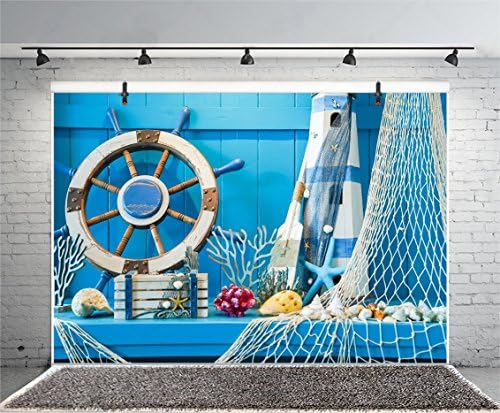 קיר עץ כחול כחול 7 על 5 רגל רקע ימי הולדת צדפים ספינת מפרש גלגל הגה דיג נטו כוכב ים מסיבת קיץ צילום רקע לאירועים