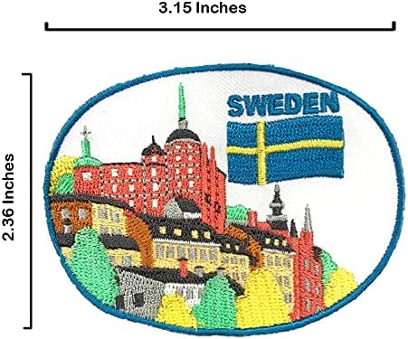 A-one 2 PCS חבילה- Stockholm City Applque+PIN FLAGE SWEDEN PIN PIN ו- PATACH, טלאי עיר הבירה, רקמת DIY של נסיעות,