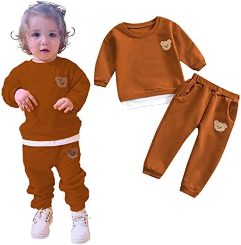 IZYJOY פעוט תינוקת תינוקת דוב תלבושת תלבושת שרוול ארוך סווטשירט מכנסיים עליונים עם בגדי סתיו בכיס ילד