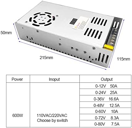 ZJIVNV 600W מתח מתכוונן אספקת חשמל 12V 50A ממיר AC 110V-220V ל- DC 0-12V מודול מתג עם שנאי רגולטור תצוגה דיגיטלי