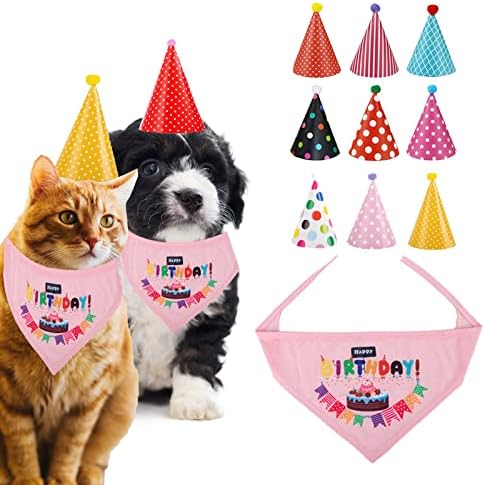 10 יחידות כלב חתול ילדה ילד יום הולדת ספקי צד, כלב חתול יום הולדת עוגת כובע בנדנה צעיפים סט, חמוד ורוד משולש