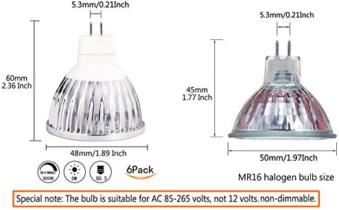 נורות לד 5 וואט מר 16 85~265 וולט, זרקור לד 5.3 גרם שווה לנורות הלוגן 50 וואט 3000 קראט לבן חם 400 ל מ זרקור לנורות