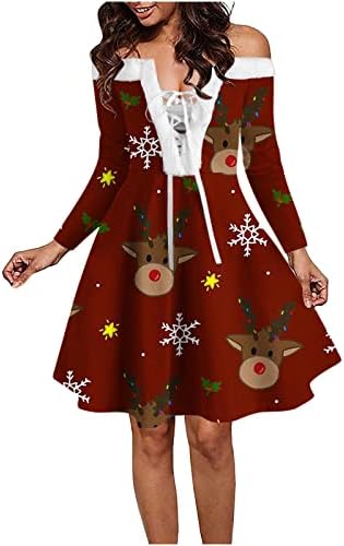 נשים חג המולד כבוי כתף סקסי שמלת חג המולד ערב המפלגה שמלה ארוך שרוול פאזי צוואר חורף הברך אורך שמלה