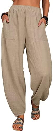 Chartou נשים כותנה פשתן מכנסי חוף מכנסיים מכנסיים מכנסיים מכנסיים מחודדים רצים רצועות קלות משקל קלות
