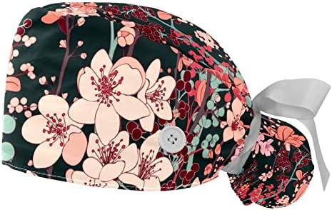 כובעים רפואיים לנשים עם כפתורים שיער ארוך, כובע עבודה מתכוונן 2 חלקים, פרחים פרחים רב צבעוניים