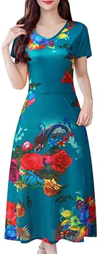 Kuluywon נשים שמלת מקסי מקסי קיץ שרוול קצר 3D 3D שמלה ארוכה ארוכה הדפס פרחוני שמלה מזדמנת מותניים גבוהה