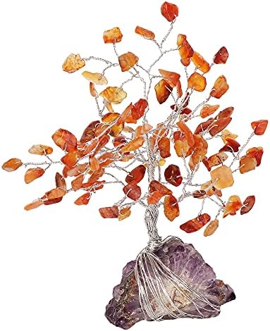 עץ קריסטל של צ'אקרה קרנליאנית טבעית עם בסיס אמטיסט עם תכונות ריפוי, עץ הכסף של בונסאי פנג שואי לחיוביות