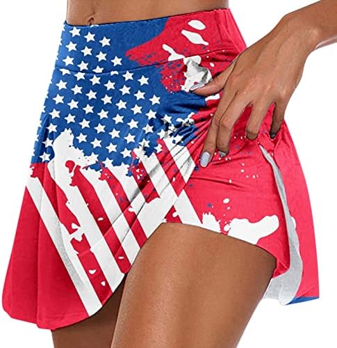4 ביולי דגל אמריקה חצאיות אתלטיות עם מכנסיים קצרים לנשים מותניים גבוהים זורמים קפלים גולף סקורטס 2 ב 1 אימון