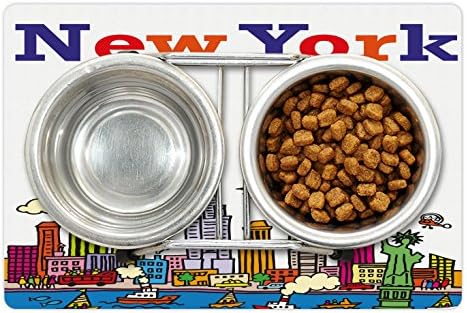 מחצלת חיות מחמד לנוף עירוני למזון ומים, סצנה מצוירת בניו יורק עם סירות על נהר שמש עננים שמיים איור אמנות, מלבן מחצלת