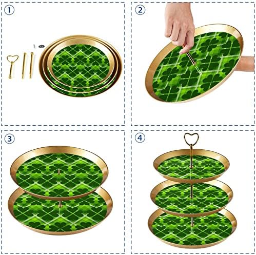 מגש עוגות עגולות עגולות בעלות 3 שכבות עם דפוס משובץ ירוק עם תלתן קלובר לוחות פירות קינוח קינוח דקורטיבי אלגנטי
