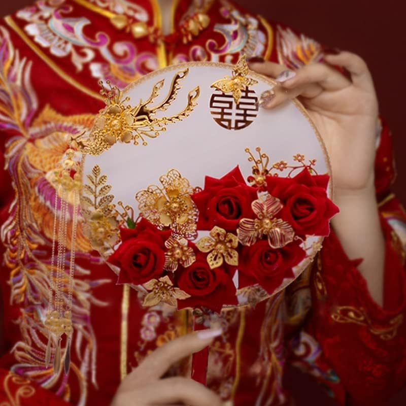 YCFBH כלה סינית מחזיקה פרחים מאוורר עגול של זרי כלות מאוורר קלאסי כלות זהב רוזס כלות.