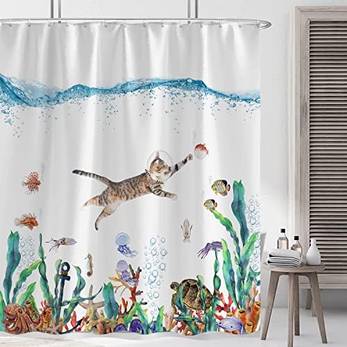 וילון מקלחת מצחיק בד חתול לחדר אמבטיה, אוקיינוס ​​תמנון תמנון כוכב ים צב עוגן ימי וילון מקלחת דגים וילון מקלחת כיף