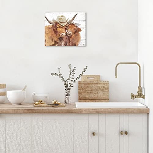 אמנות קיר קיר חווה פרה היילנד: תמונת פרה כפרית למטבח כפרי תפאורה ביתית פרה רומנטית זוג בד הדפס בד לחדר אמבטיה