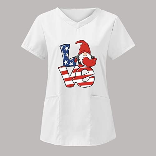 חולצות 4 ביולי לנשים דגל ארהב דגל קיץ שרוול קצר נגד חולצה בצוואר חולצה עם 2 כיסים לבגדי עבודה מזדמנים מצחיקים