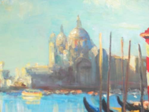 נינו פיפה אמנות רשום אמן מקורי וייחודי שמן על לוח אוריינטליסט ציור של ונציה גונדולייר כניסה לתעלה הגדולה