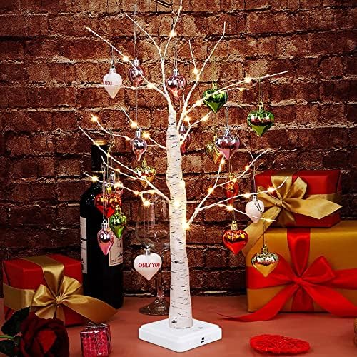 קישוט עץ העץ של יום האהבה עם נורות LED 21.7 אינץ 'עץ ליבנה עם סוללת טיימר