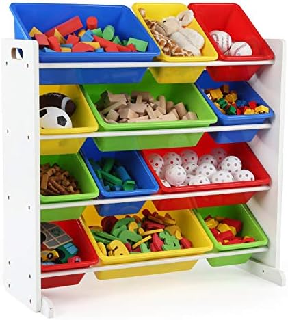 מארגן אחסון צעצועים לילדים W/ 12 פחי פלסטיק לבנים/ ראשוני לבן מודרני MDF כולל חומרה