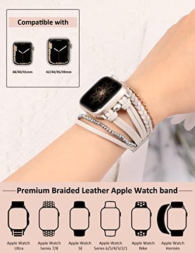 להקות עור של Wearlizer Posh תואמות ל- Apple Watch Ultra, סדרה 8/7, SE/6/5/4 ו- 3/2/1 נשים BOHO צמידים קלועים בעבודת יד