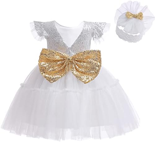 Allcent 0-8T תינוקות תינוקות תינוקות שמלת שמלת שמלת כדור שמלות מסיבות של פאייטים ללא גב עם בגדי ראש