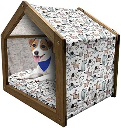 כלבים לונאנים בית חיות מחמד מעץ, הדפס עם דמויות כלבים רישומים בסגנון שורטנים בסגנון אמנות סקנדינבי, מלונה כלבים