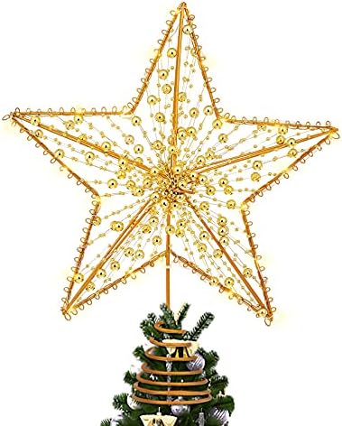 טוינדונה כוכב הזהב 1 PCS טופר עץ כוכב חג המולד, עץ חג המולד מואר טופר חרוזי חרוזים קישוט עץ חג המולד לחג המולד קישוטי עץ