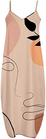 נשים בתוספת גודל שמלת קיץ מקרית שרוולים צווארון ספגטי רצועת הדפסת שמלה קיצית רופף חוף ארוך שמלות עם כיסים