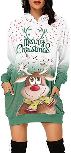 חג המולד נשים של טוניקת חולצות שמלות חמוד חג המולד כובע צווארון סווטשירט שמלה ארוך שרוול כיס מיני נים שמלה