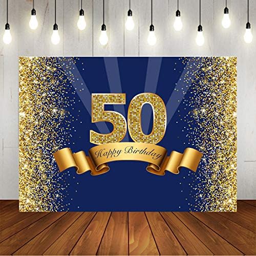 תפאורת יום הולדת 50 שמח כחול כחול וצילום זהב נצנצים רקע מבוגר מבוגר גברים מבוגרים בגיל חמישים קישוטי מסיבת יום