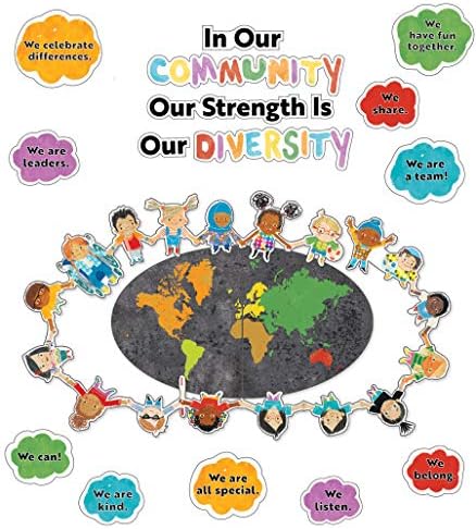 הכוח שלנו הוא סט לוח המודעות המגוון שלנו-כרזה צבעונית עם 5 חלקים עם מפה, לבבות וגזרות ילדים, עיצוב כיתה או חינוך ביתי