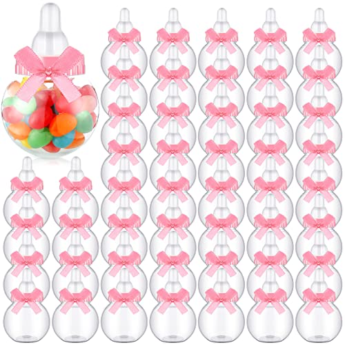 48 PCS מיני בקבוקי תינוקות למקלחת לתינוקות חסד בתפזורת, בקבוק חלב ממתקים בקבוק ממתקים ברור עם קשרי קשת למסיבת