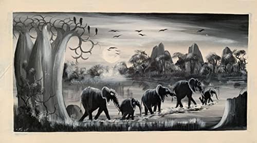 פיל שמן מקורי בשחור לבן ציור ואמנות קיר מאפריקה תחת הכותרת 'התכנסות משפחתית של פיל'