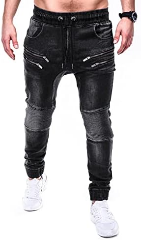 Miashui 569 מכנסיים ישרים רופפים מכנסי כיס שרוך מותניים במותניים בצבע אחיד ג'ינס דק בוהן נמתח 501 לגברים