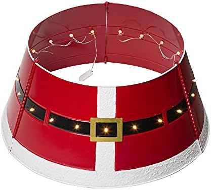 Glitzhome 22 D צווארון עץ חגורת סנטה מתכת אדומה, טבעת עץ עץ עץ דקורטיבית טבעת עץ עם אור חוט לעיצוב חג המולד