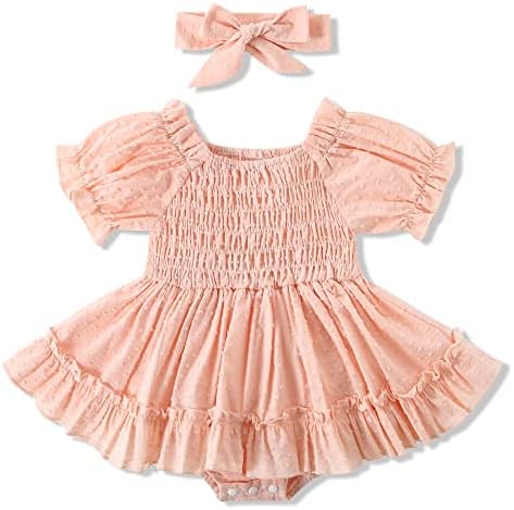 WESIDOM יילוד תינוקת רומפר שמלה 0-18M בנות תינוקות בגדי קיץ תלבושות סרבלים עם שרוול קצר עם סרט בגימור
