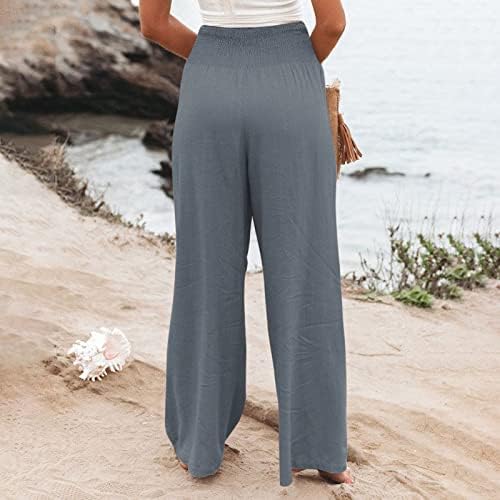 צפותים פשתן מכנסיים לנשים גבוהה מותן רחב רגל רופף כושר פאלאצו מכנסיים מקרית חוף טרנדי מערה עם כיסים