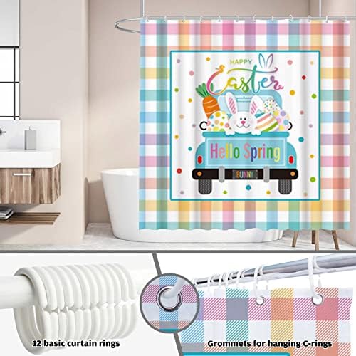 Allenjoy 72 x 72 וילון מקלחת משאית פסחא שמח לקביעת אמבטיה סט אביב צבעוני באפלו בדוק משובץ ארנב ארנב אמבטיה קישוטי קישוטי עיצוב
