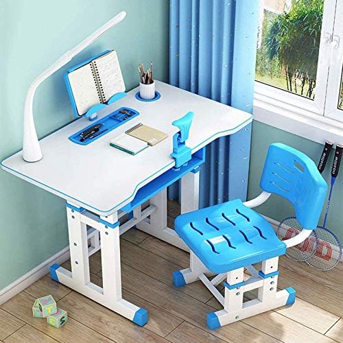 סט שולחן וכיסא לילדים, כיסא שולחן לימוד ארגונומי עם מנורה ומעמד ספרים, מתכוונן לגובה לבנות ולבנים, כחול