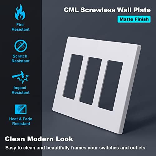 CML מט מט לבן 3-גננים מעצב צלחות קיר ללא הברגה, 4 מכסה מתג אור בטוחים לילדים, גודל סטנדרטי 4.68 x 6.54, שריטות ועמידות